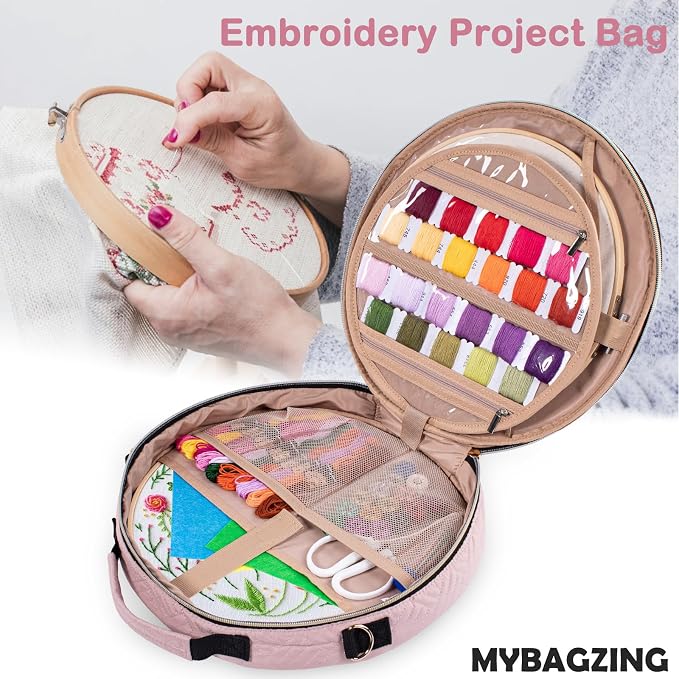 MYBAGZING | Round Embroidery Bag(Empty) - Embroidery Storage Bag -Cross Stitch Supplies Organizer with Multiple Pockets for Embroidery Kits, Cross Stitch Suppliers, Embroidery Floss (Bag Only)