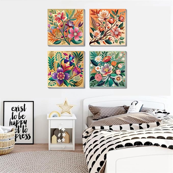 Canrichshop 4 Pack Paint by Numbers for Beginner with Frame,Flowers Adult Paint by Number Kits on Canvas, DIY Number Painting for Adults for Decor 8X 8 inch