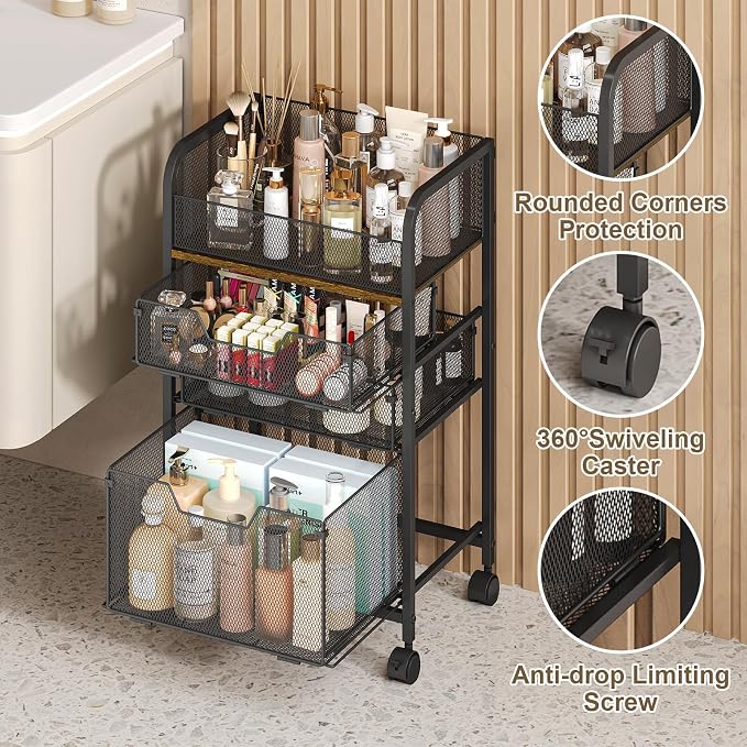 4-Tier Rolling Utility Cart with 3 Drawers-Craft Organizers and Storage with 360° Lockable Wheels,Art Supply Storage Organizer for Art Supplies, Store for Brushes & Paints & Artifacts Patent Pending