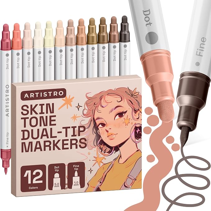 ARTISTRO Skin Tones Dual-Tip Acrylic Paint Marker Pens - Set of 12 | For Fabric, Rock, Glass, Wood, & Coloring Books, Arts & Crafts Gift, Classroom Must Haves & School Supplies (Dot & Fine Tips)