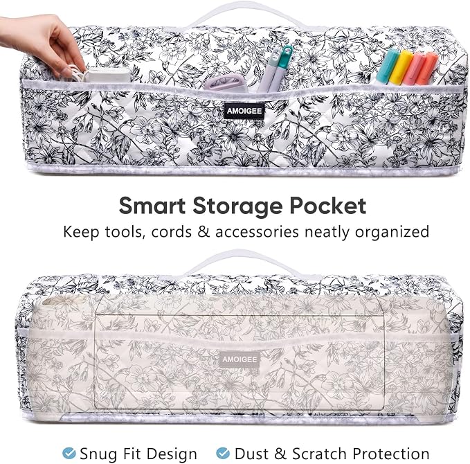 AMOIGEE Dust Cover for Cricuttt Maker 4 & Explore 4/3, Maker 3, Air 2, Quilted Protective Cover with Storage Pockets for Cutting Machine, Floral Fabric Anti-Dust Cover for Craft Machine Organizer