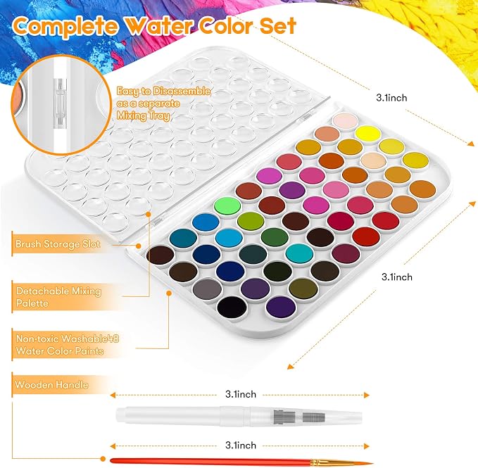 Taotree 48 Colors Watercolor Paint Set for Kids Adults Artist Painting | Art Supplies Drawing Kit Painting Supplies Brush, Valentines Day Gifts for Kids Adults, Easter Basket Stuffers