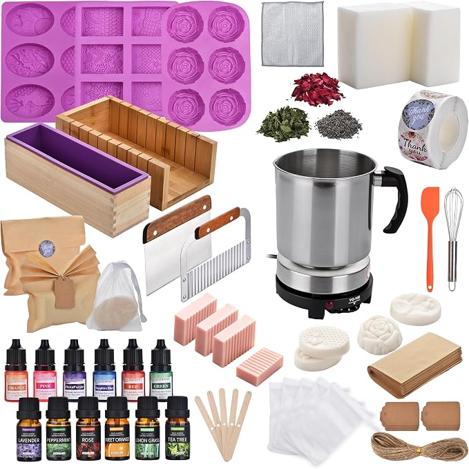 Soap Making Kit All-in-One Deluxe DIY Soap Making Supplies for Adults | Removable Melter Pot, Goat Milk Soap Base, Dyes, Essential Oil & Fragrances, 3 Silicone Molds, Cutters, Silicone Loaf Molds