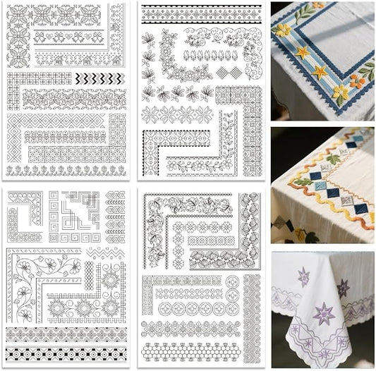 ORIGACH 4 Sheets Water Soluble Embroidery Patterns Stabilizers - Pre-Printed Borders & Motifs Designs - Stick & Stitch Embroidery Paper for Hand Sewing Lovers
