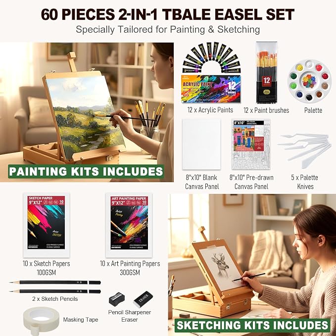 60 Pieces Beechwood Tabletop Easel Set for Painting with Shoulder Strap | 2-in-1 Art Supplies Designed for Painting & Sketching, Upgraded Art Easel with Built-In Sketchbox Storage, Adjustable Angle