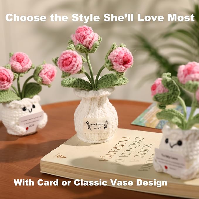 Crochet Rose Flower Potted Plant – Pink, for Her, Handmade Knitted Romantic Desk Decor