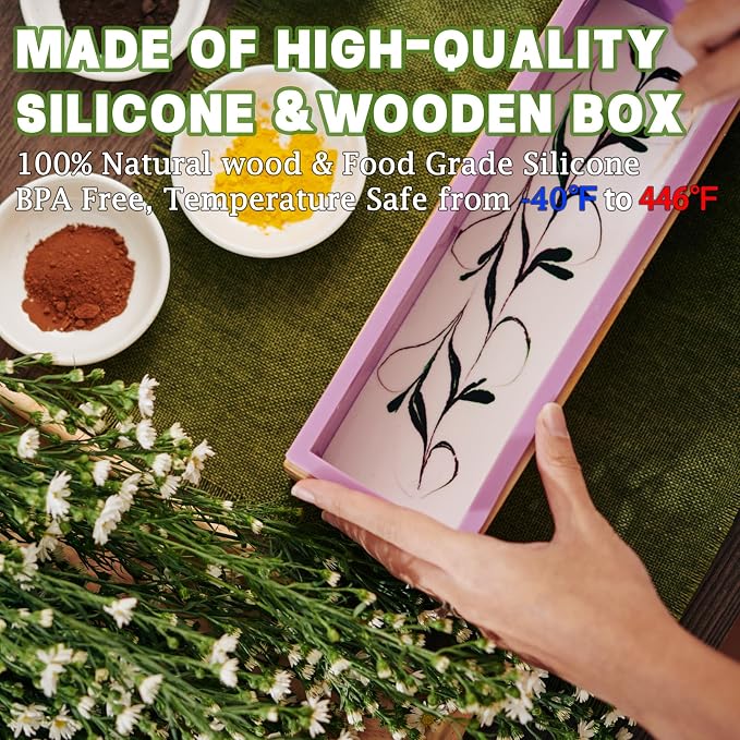 Silicone Soap Molds with Upgraded Wood Box, Bar Rectangle Loaf Soap Mold with Cutters, Homemade Soap Making Supplies Tools Kit for Adults Beginners (Mold only)
