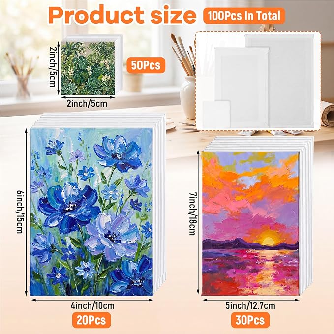 Moinchore 100 Pcs Mini Canvases for Painting 2'' x 2'', 4'' x 6'', 5'' x 7'' Small Canvas Panels in Bulk Art Painting Canvases Cotton Blank White Canvas Acid Free Boards for Watercolor Acrylic Oil