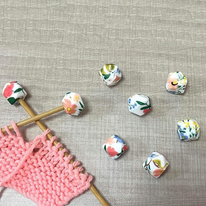 SPANSEE 8 PCS Tropical Hexagon Print Knitting Needle Holders, Stitch Stoppers, Knitting Needle Point Protectors, Knitting Accessories fit Size 2.5-13 (3mm-9mm) Needles