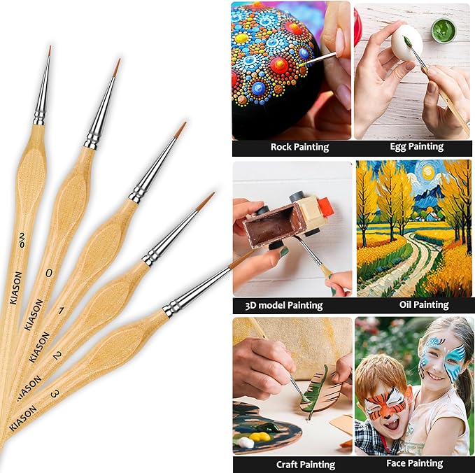 5PC Miniature Detail Paint Brushes Set for Fine Detailing, Wood | Tiny tips for acrylic, oil, watercolor, models, figurines, face paint & crafts. Great for paint-by-number, canvas & fine art.