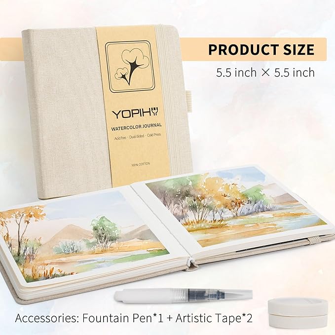 Yopih Artists Premium Linen Watercolor Sketchbook 5.5 x 5.5 in Beige