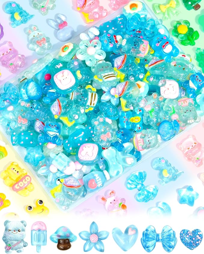 FIVEIZERO 100PCS Cute Slime Charms, Kawaii Flatback Resin Charms | 50+ Unique Designs, Glittery Finish, Easy to Glue, Lightweight and Durable, Perfect for DIY Decoration
