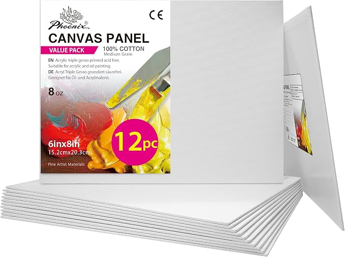 PHOENIX Small Painting Canvas Panels 6x8 Inch, 12 Value Pack - 8 Oz Triple Primed 100% Cotton Acid Free Canvas Boards for Painting, White Blank Flat Canvas Boards for Acrylic, Oil Paints