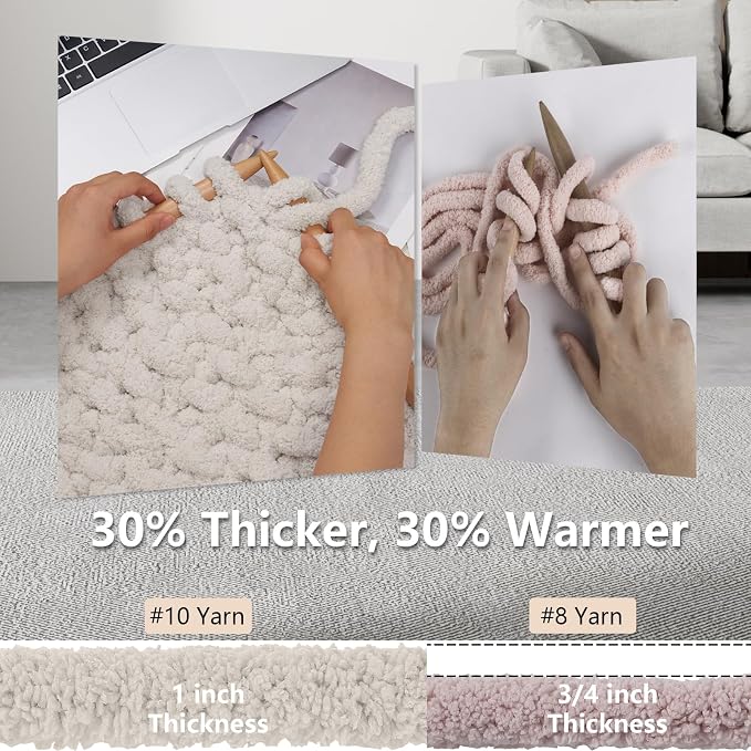Cozyful Chunky Yarn for Hand Knitting - #10 Chunky Chenille Yarn, Jumbo Big Thick Chunky Yarns for Crocheting, Super Bulky Chunky Knit Blanket Yarns, 8 Skein (22 yds 8 oz Each Skein), Beige White
