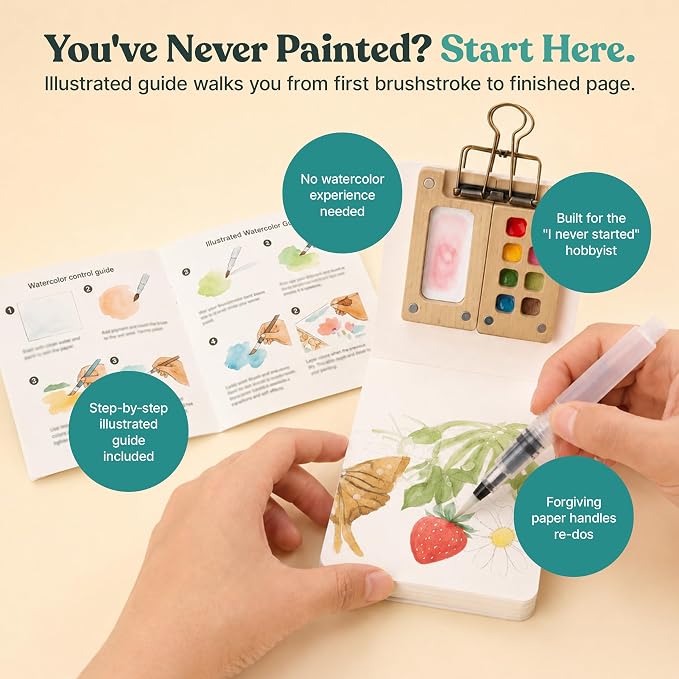 Tobios Watercolor Paint Set – Mini Travel Kit with 12 Colors & Water Brush | Includes refillable water brush, wooden palette & sketchbook; portable painting set for beginners, journaling & gifts