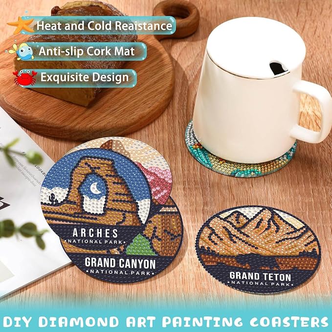 Baipisan 8 PCS National Park Diamond Art Coasters Kits, Diamond Painting Coasters with Holder Set of 8, DIY Drink Art Crafts Supplies for Adults Cup Mat House Warming Gifts Non-Slip 3.9inch