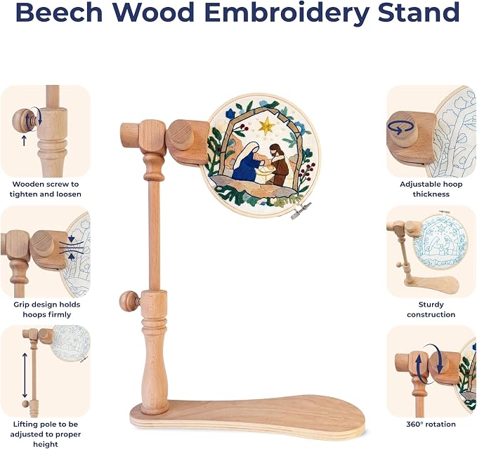 Embroidery Hoop Stand - 360 Degree Adjustable Sitting Embroidery Stand with Needle Tube- Versatile Cross Stitch Frame with Display Bases and Large-Eye Stainless Steel Needles