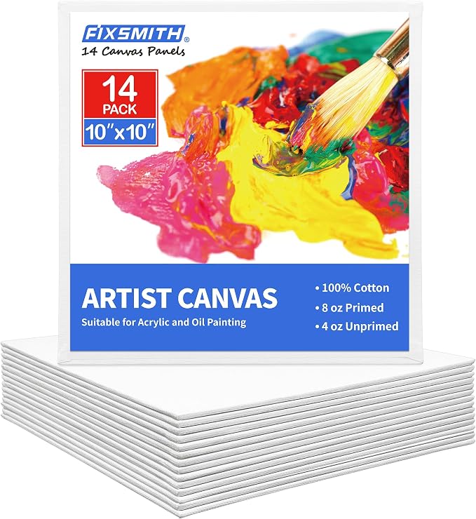 FIXSMITH Canvas for Painting 14 Pack - 10 x 10 Inch Painting Canvas Panel Boards - 100% Cotton Primed Canvases - Super Value Pack Art Supplies - Artist Canvas Board for Acrylic, Oil & Tempera Painting