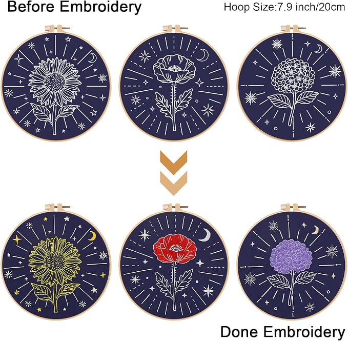 Louise Maelys 3Pcs Tarot Flower Embroidery Kit for Beginners DIY Craft Kit | Complete Needlepoint Kit with 3 Printed Fabric Patterns, Embroidery Hoop, Color Threads, Needles and Guide for Craft Lovers