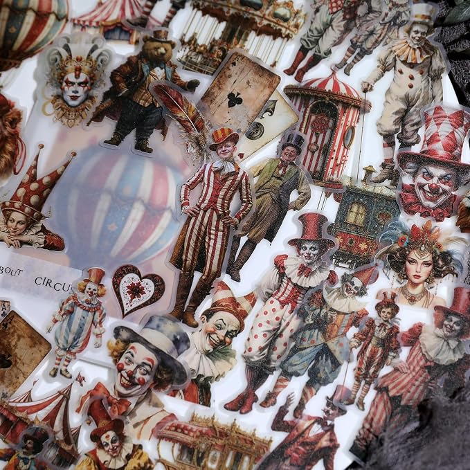 CATaireen Vintage Junk Journal Ephemera Scrapbooking Supplies Translucent Vellum Paper Stickers Card Making Decal Art Aesthetic for Adults (Character Circus)