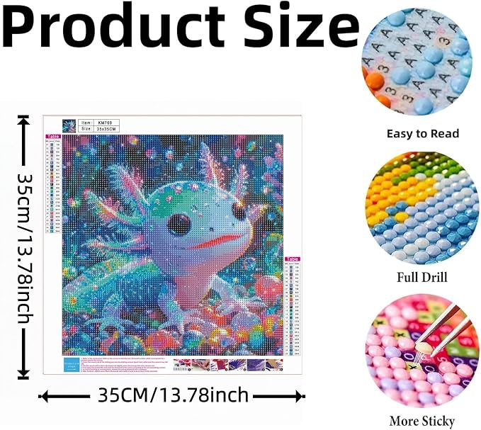 Diamond Painting Kits for Adults, Colorful Glittering Axolotl Diamond Art | Gem Art for Beginners, Full Drill Round DIY Gem Painting, Diamond Gem Painting Kits for Home Art Decor, 13.78X13.78 inch