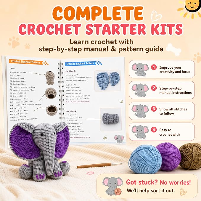 JYZJDKE Crochet Kit for Beginners Adults - DIY Amigurumi Elephant Knitting Starter Kit with Yarn Sets, Crochet Animal Kit Cute Stuffed Animal Craft Birthday Gifts (Grey Purple+Coffee Blue Elephant)