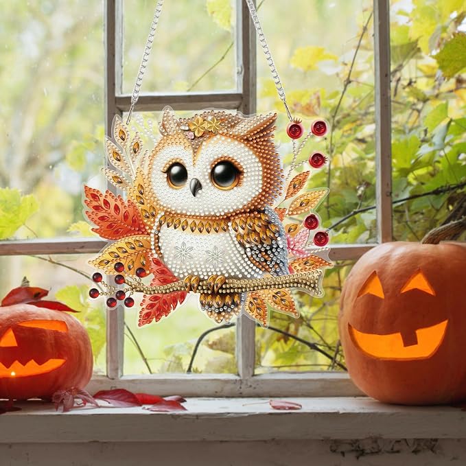 Bowetile Fall Owl Diamond Art Hanging Kits for Adults, Diamond Art Suncatchers Maple Leaf, 5D Special Shape Autumn Diamond Painting Pendant Window Ornament Gifts for Home Door Wall Decor