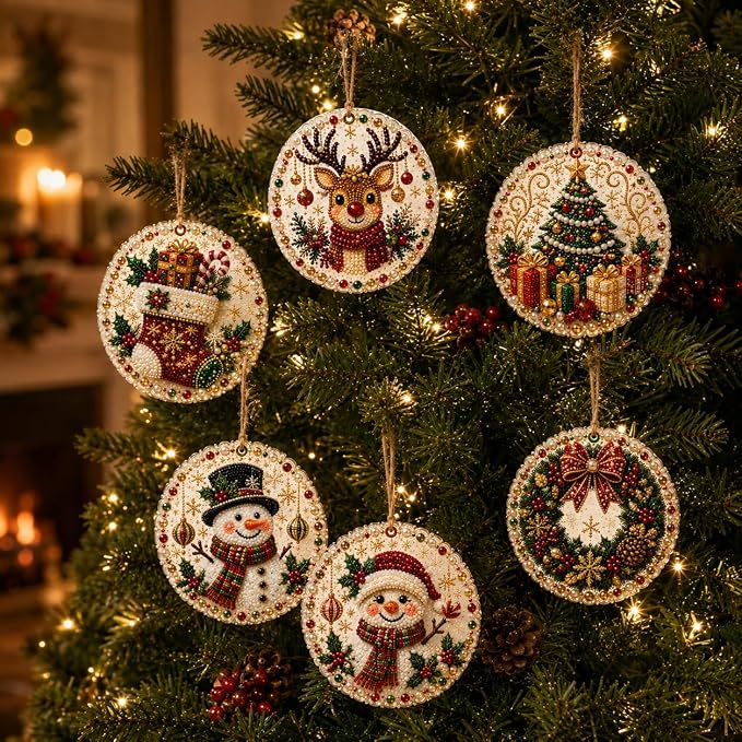 6PCS Christmas Wooden Ornaments DIY Pearl Diamond Painting Kit 11
