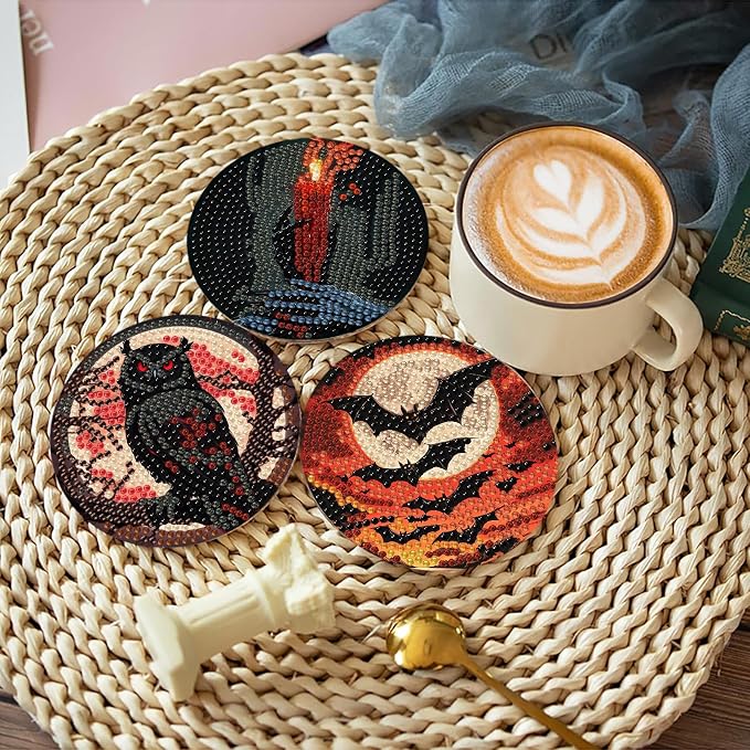 askkqtx 8 Pcs Halloween Diamond Art Coasters Kits with Holder 4X4 Inch