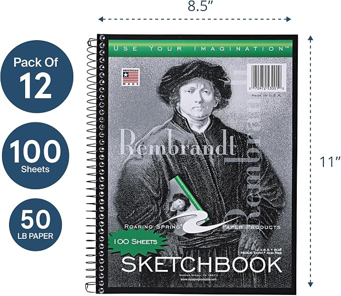 Roaring Spring Rembrandt Spiral Sketchbook, 100 Sheets, 8.5" x 11", 12 Pack