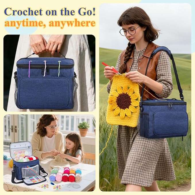 Aeelike 87PCS Crochet Beginner Kit for Adults,Portable Yarn Bag Kit,Navy | Crochet Starter Kits with Yarn, Ergonomic Hooks & Storage Case, Learn-to-Crochet Set for Adults, Kids & Seniors,