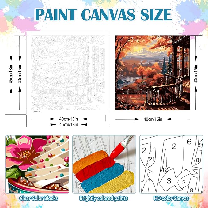 LKHMVCA Fall Forest Sunrise Mountain Paint by Numbers Kit for Adults, DIY Paint by Numbers Kits for Adults Beginners Without Frame, Acrylic Paint Canvas Painting Kits Art for Home Decor 16x16 Inch