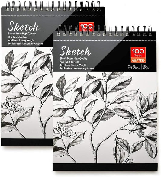 AGPtEK Sketch Book 9 X 12, Art Drawing Pad, 100 Sheets, 2 Pack | 60lb/100g, Sketchbook, Sketch Pads for Drawing