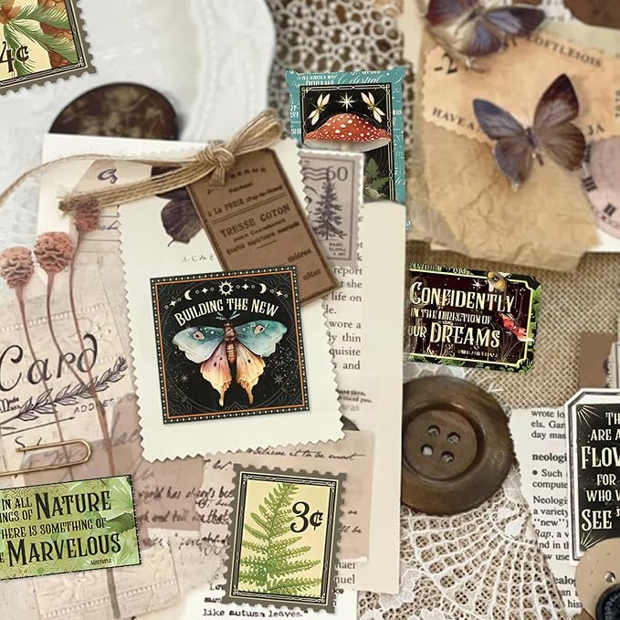 Bomichi 100 Pcs Postage Stamp Stickers, Aesthetic Insect Plants Decorative Stickers for Scrapbooking Bullet Journaling Planners DIY Calendars Notebook Junk Journal