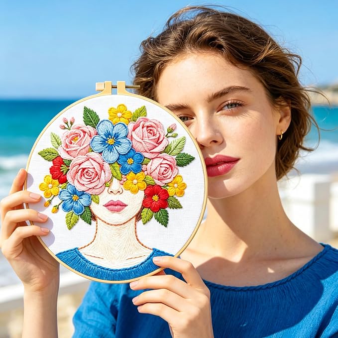BEUNITONE 4 Set Embroidery Kits for Beginners Adult with Pre-Print Pattern | 7.9x7.9" Include Embroidery Cloth Hoops Threads for Craft Lover, Beautiful Flower Lady Pattern for Women Home Decor