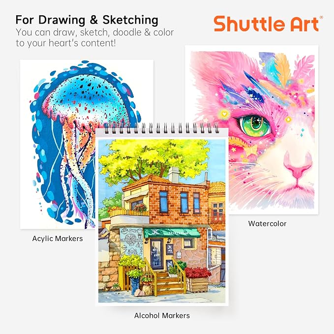 Shuttle Art Marker Pad, 70 Sheets, Spiral-Bound, 12”x9”, 110LB/180GSM Paper | Portable Sketchbook, Smooth Surface, Alcohol Markers Bleedproof Art Paper Great for Artists to Draw, Paint & Sketch