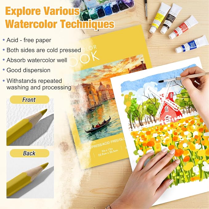 Creazic Watercolor Paper Pad, 9"x12" Water Color Paper,140lb/300gsm, Yellow