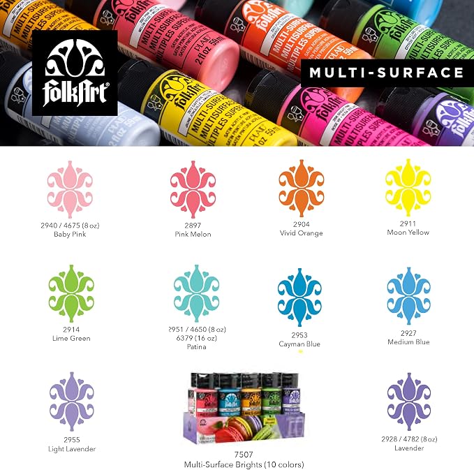 FolkArt Color, 10 Bottle Multi-Surface Acrylic Paint Set, 2oz, Brights
