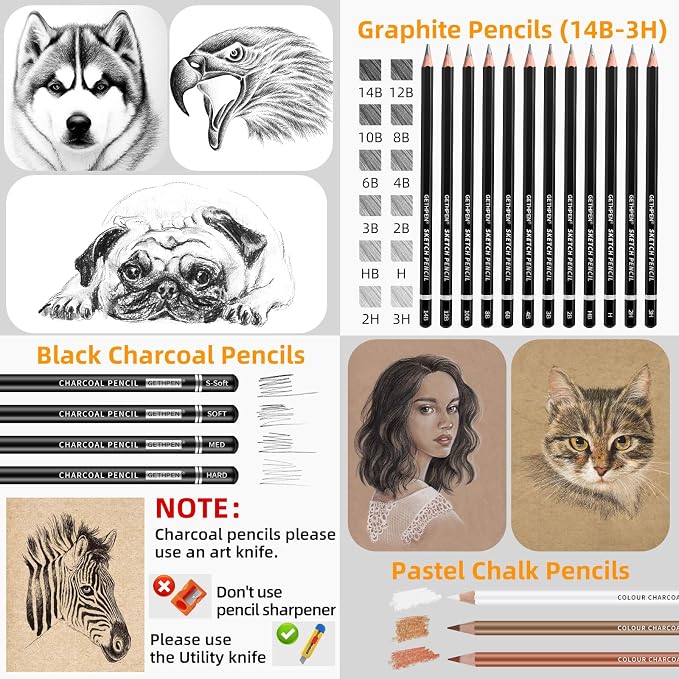 GETHPEN Drawing Sketching Pencil Set, 34 Piece, Graphite Pencils (14B-4H) | Art Pencil Kit with Black and White Colour Charcoal Pencils,Charcoal Sticks,Stumps,Eraser, Sharpeners,Sketch Set for Artists