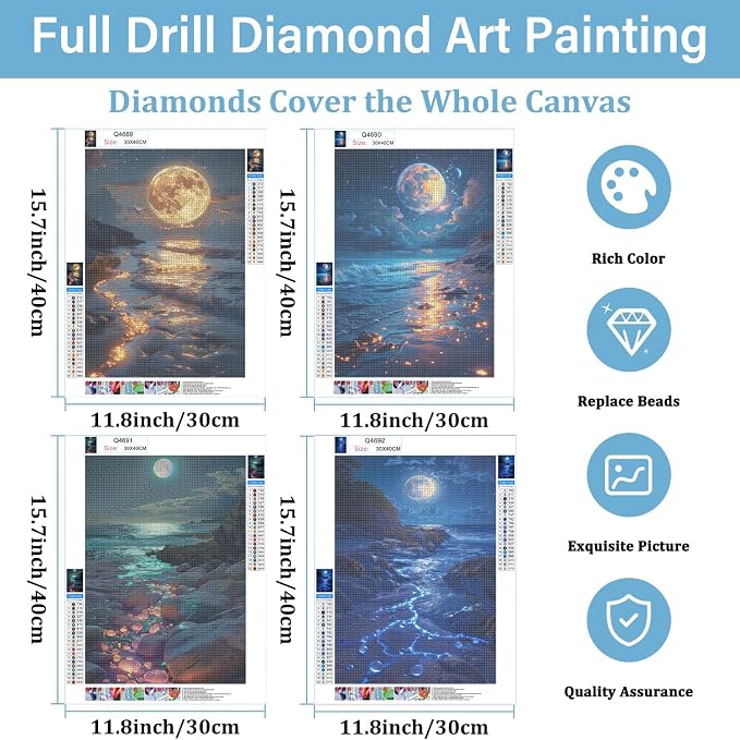 DOTSOPS 4 Pcs Moon Lake Diamond Painting Kits for Adults Art Painting Kits | Crafts DIY 5D Diamond Art Packs Kits,Round Full Drill for Beginner,Home Wall Decoration Gift 11.8 x 15.7 Inches