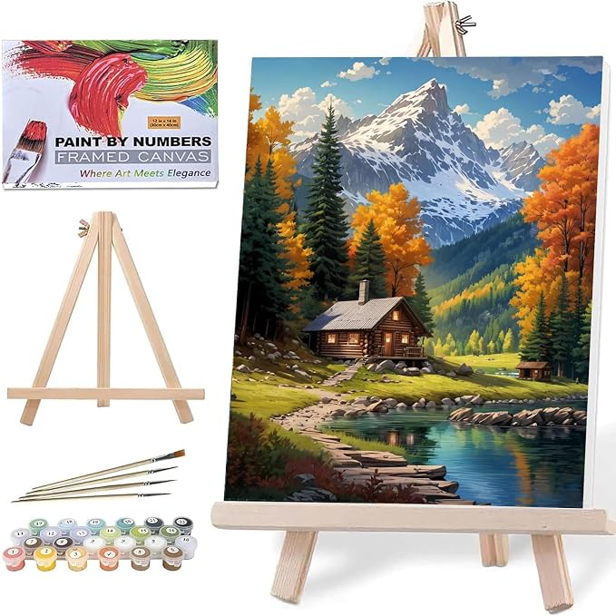 ldazao Mountain Paint By Numbers Kit for Adults Beginner with Frame Wooden Easel Cabin Adult Paint By Number Kits On Canvas for Gift Home Wall Decor 16x20 Inch
