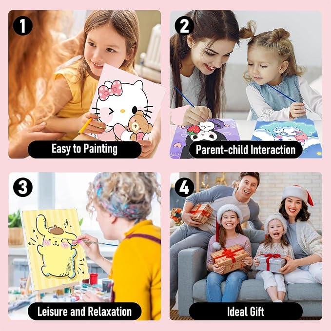 4 Pack Cartoon Paint by Numbers Kit for Kids with Frame Wooden Easel | Cute Kids Paint by Numbers Ages 4 8 12, DIY Acrylic Oil Painting for Home Wall Decor (8x8 inch)