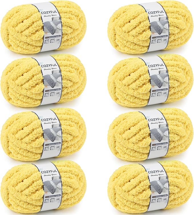 Cozyful Chunky Yarn for Hand Knitting - #10 Chunky Chenille Yarn, Jumbo Big Thick Chunky Yarns for Crocheting, Super Bulky Chunky Knit Blanket Yarns, 8 Skein (22 yds 8 oz Each Skein), Yellow