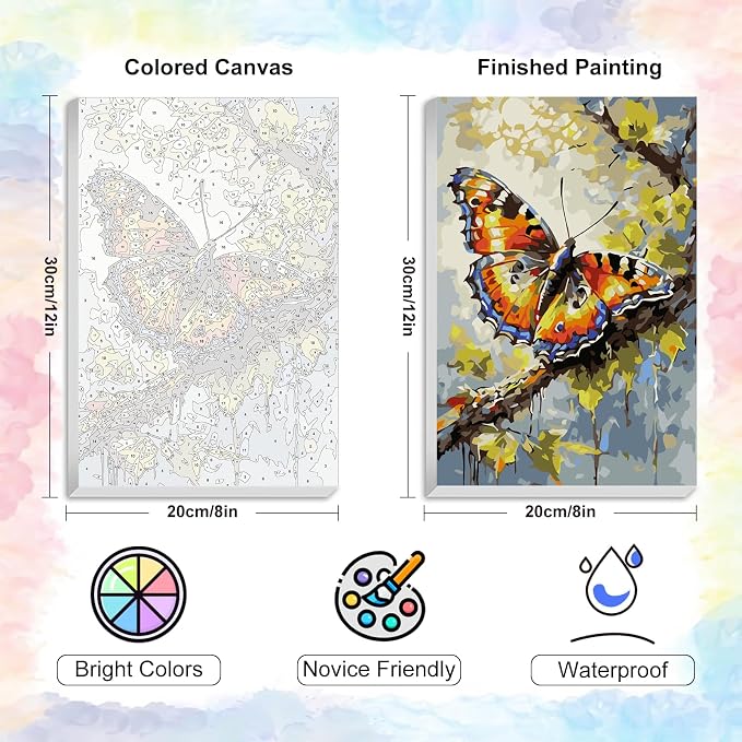 Yezavesu Framed Paint by Numbers Kit for Adults Beginner & Kids Ages 8-12, Butterfly Paint by Numbers with Frame, DIY Number Painting for Adults Butterfly for Home Wall Decor Gift 8X 12 inch | With Frame Canvas 8x12 inch, DIY Acrylic Painting by Number...