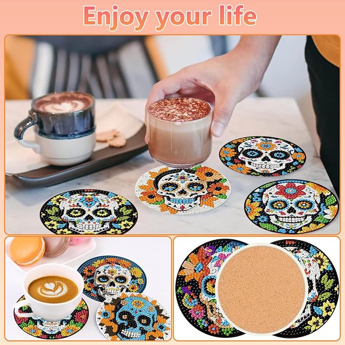 hkejoi 8 Pcs Skull Diamond Art Coasters Kit for Adults, Skull Diamond Painting Coasters with Holder, 5D Gem Art, DIY Crafts Diamond Dots for Gift Home Decor