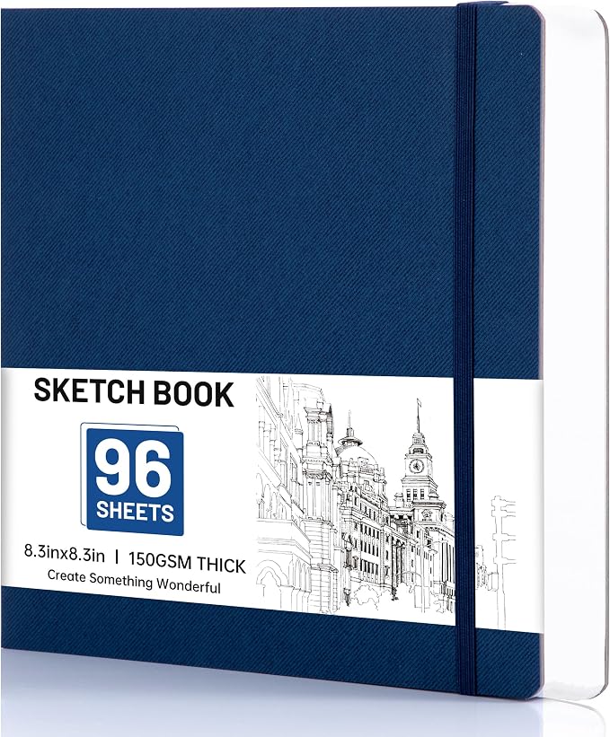 Hardcover Sketch Book, 8.3x8.3, 96 Sheets, Sketchbook for Drawing, Blue | Ideal Gift For Kids Adults,200GSM Watercolor Heavyweight Lay-Flat Art Journal,Drawing pad for Adults