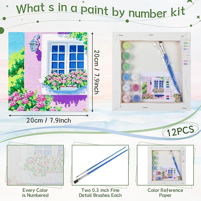 Nezyo 12 Sets Scenery Paint by Numbers Adults with Frame, 8x8 Inch Kit | Easy DIY Acrylic Kits for Beginners, Framed Canvas Ready to Hang, For Painting Party Classroom Birthday Gift
