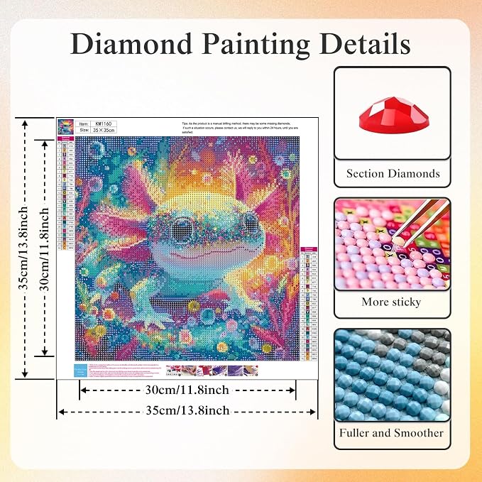 5D Colorful Glittering Axolotl Diamond Art kits for Adults Beginners | Cute Animals Diamond Painting Kit DIY Full Round Drill Paint by Diamonds Dot Gem Art for Adult, Home Wall Decor 13.7x13.7Inch