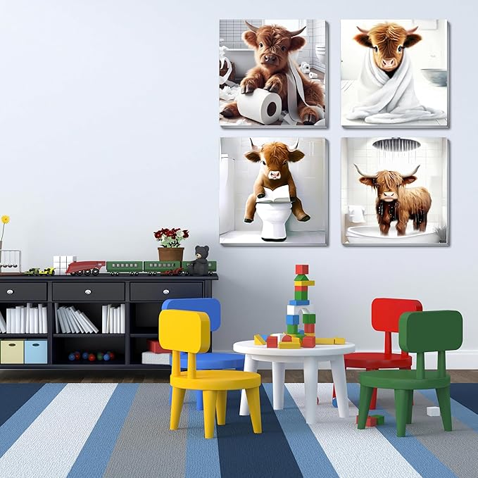 Canrichshop 4 Framed Highland Cow DIY Paint by Numbers Kit for Adults Beginner,Naughty Cow Easy Paint by Number on Canvas with Frame,Acrylic Painting Kit Adult for Decor 8x8inch