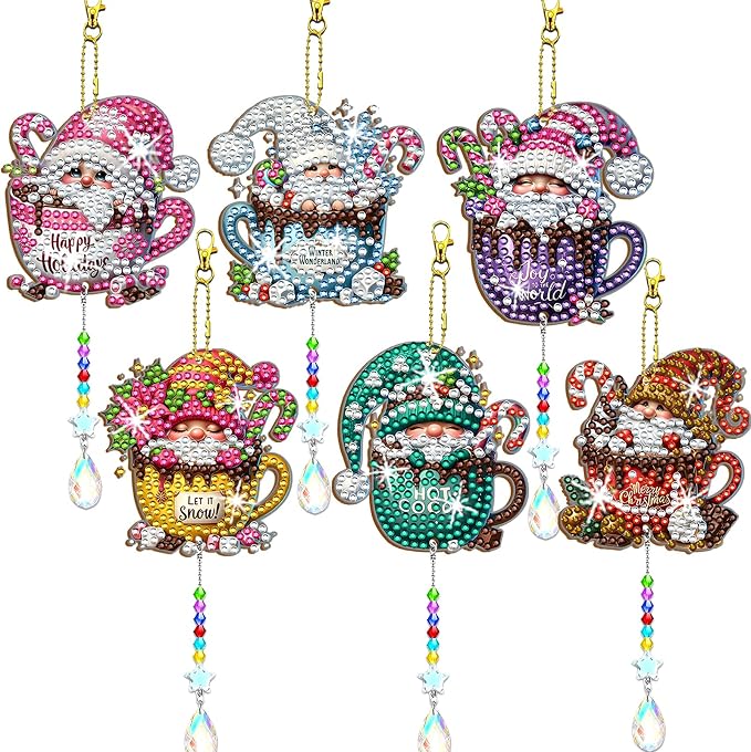 JeCuiK 6 Pcs Diamond Art Christmas Ornaments Gnomes Coffee Diamonds Painting Keychain Kits Double Sided Diamond Art Kits for Adults Xmas Decoration Diamonds Painting Wind Chimes DIY